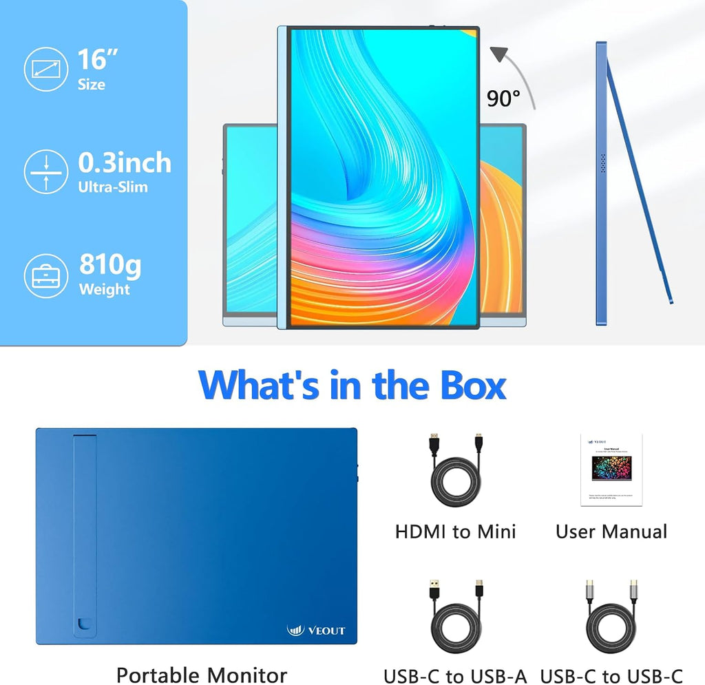 Veout Portable Monitor 16' 1200P FHD Dual USB-C/HDMI Ultra-Slim Travel Monitor with Kickstand & Speakers, 16:10 IPS External Second Screen Compatible with Laptop, Mini PC, MacBook, PS, Switch