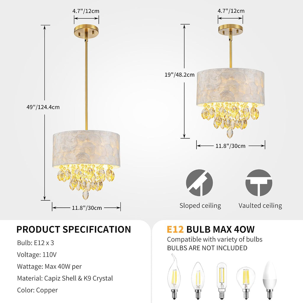 3-Light Drum Capiz Shell K9 Crystal Chandelier, Coastal Style Pendant Light Fixture for Dining Room, Living Room, D12 * H19~49 inch (Adjustable), Champagne Crystal & Gold Finish