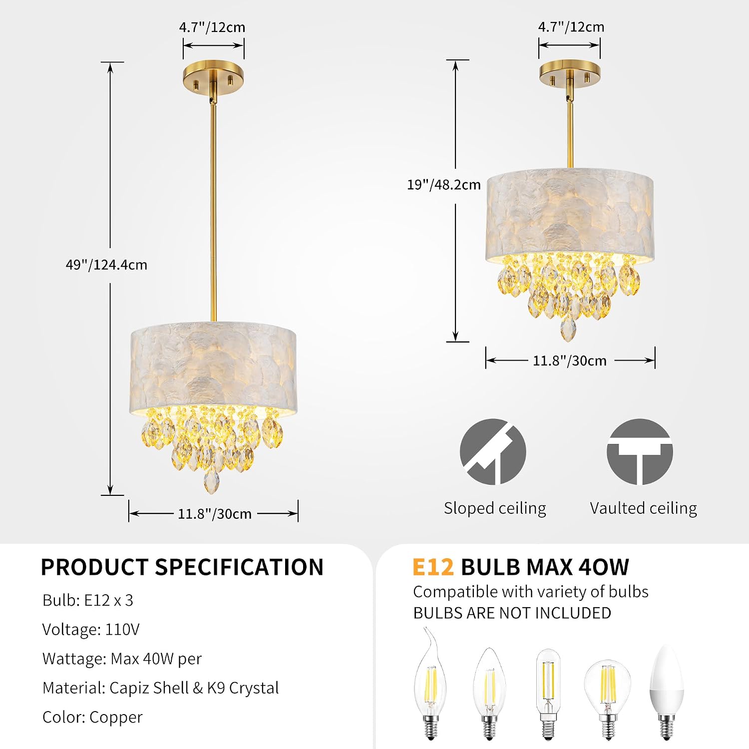 3-Light Drum Capiz Shell K9 Crystal Chandelier, Coastal Style Pendant Light Fixture for Dining Room, Living Room, D12 * H19~49 inch (Adjustable), Champagne Crystal & Gold Finish