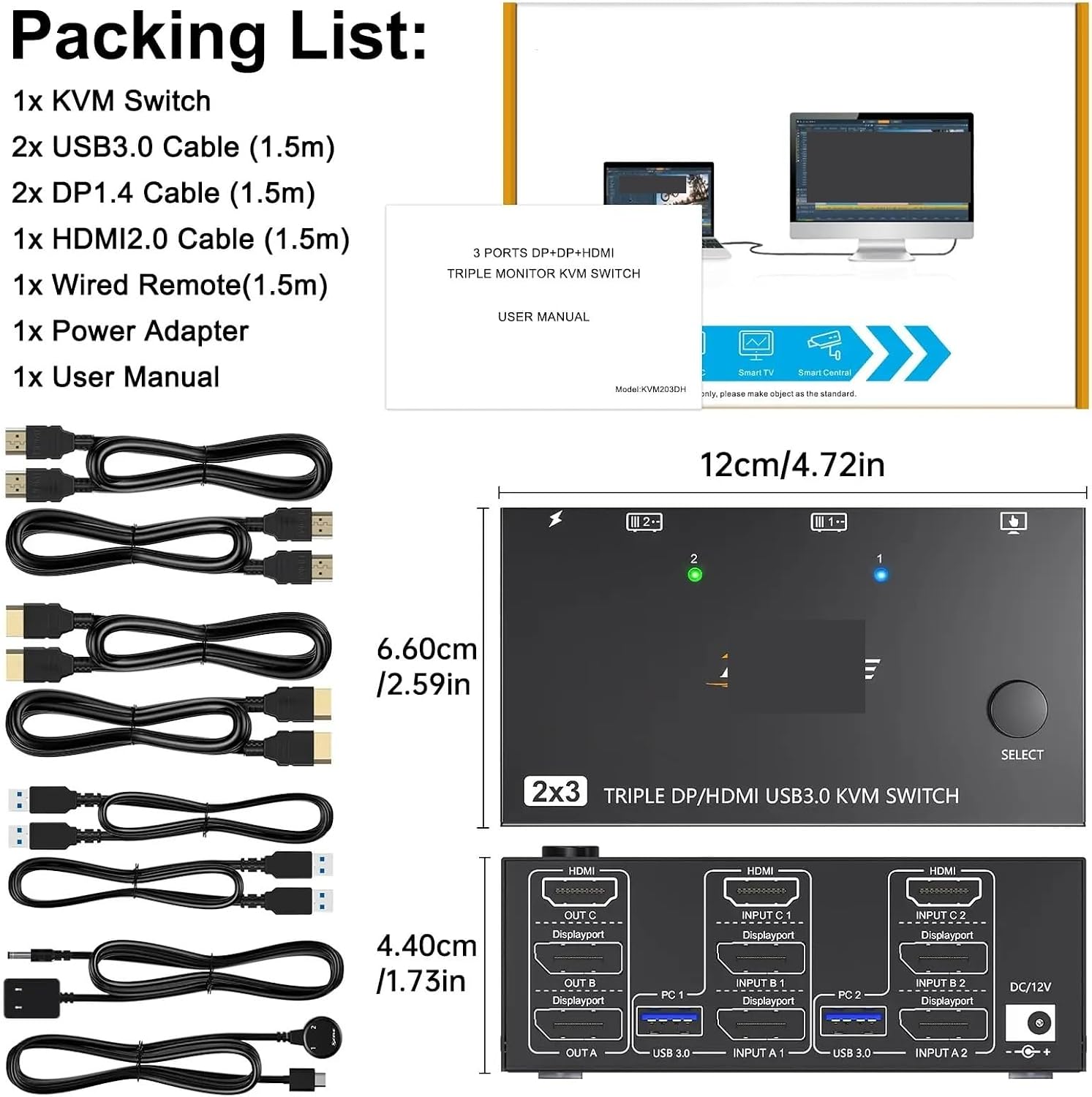 KVM Switch 3 Monitors 2 Computers 8K@60Hz 4K@144Hz, HDMI+2 Displayport KVM Switch Triple Monitor for 2 Computer Share(203DH US)