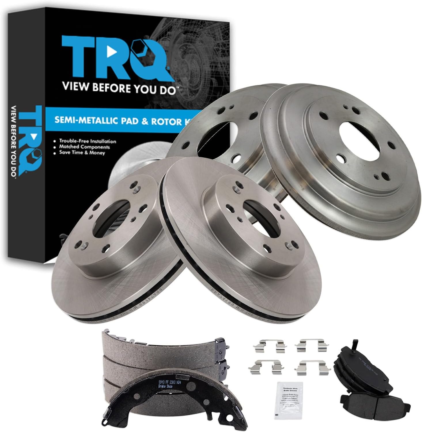 TRQ Front & Rear Brake Pad & Rotor,Shoe & Drum Kit Semi-Metallic Compatible with 2006-2011 Honda Civic