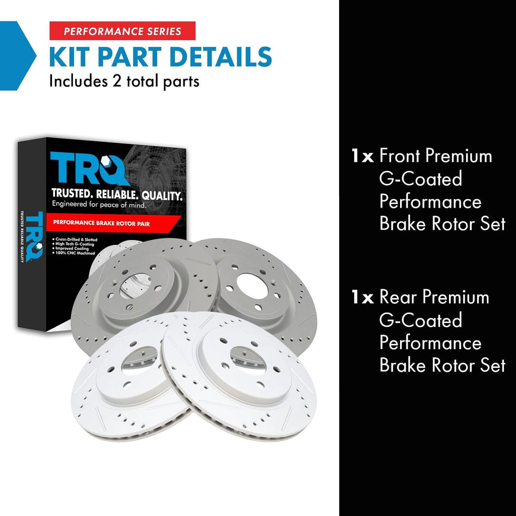 TRQ Front and Rear Brake Rotor Set G Coated Drilled and Slotted Compatible with 2011-2014 Ford Mustang