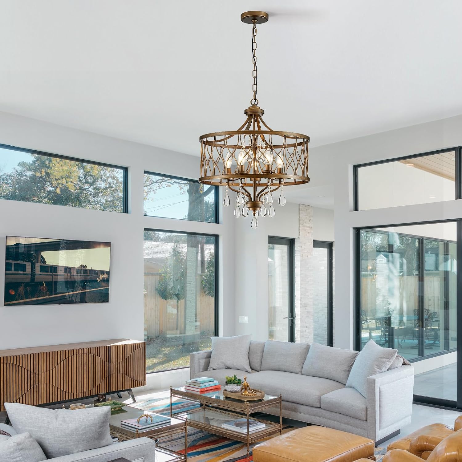 Modern Crystal Chandelier, 5-Light Farmhouse Bronze Chandelier for Dining Room Vintage Hanging Pendant Light Fixtures Round Chandelier for Kitchen Island Entryway Foyer Bedroom Office Bar