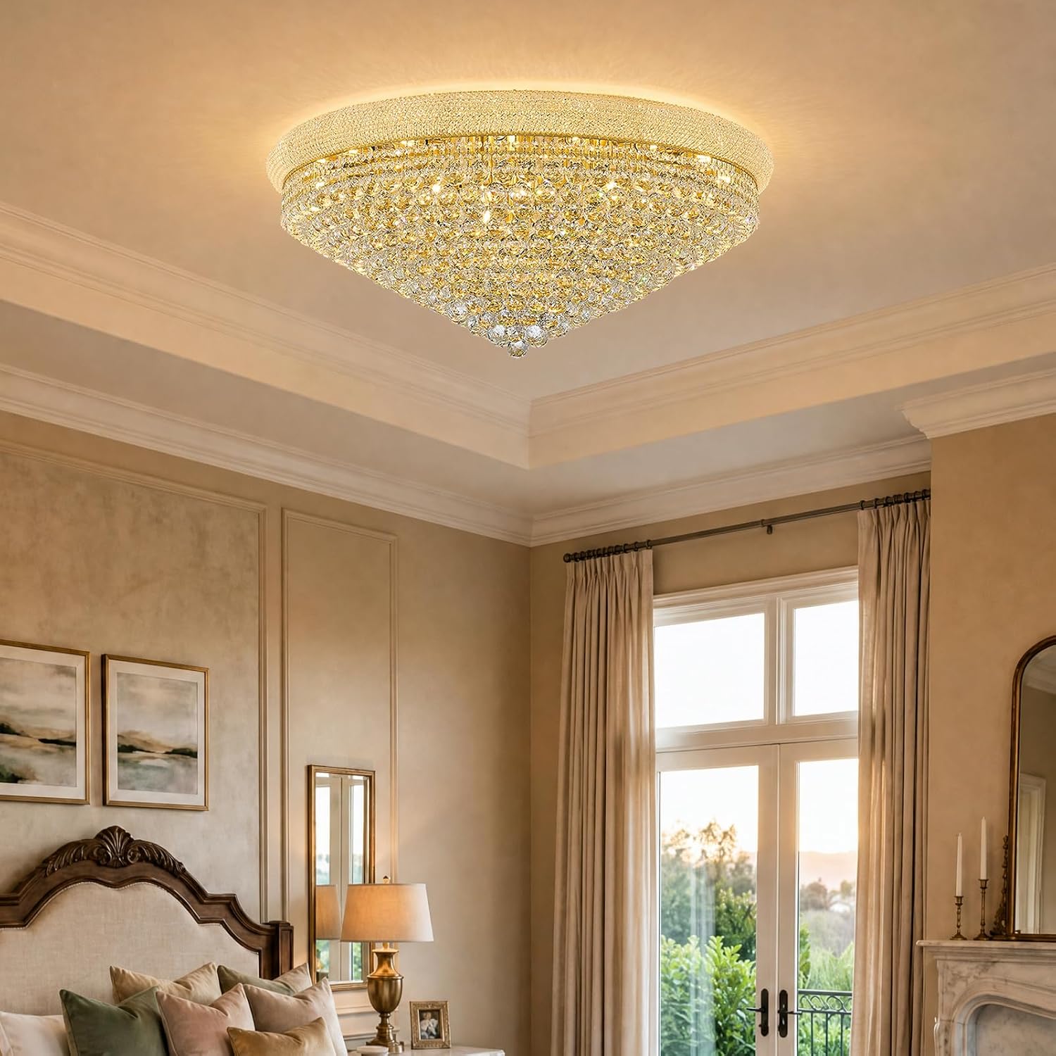 27-Light Large Crystal Chandelier Flush Mount Ceiling Light Fixture for Living Room Entrance Foyer Lobby Gold Finish