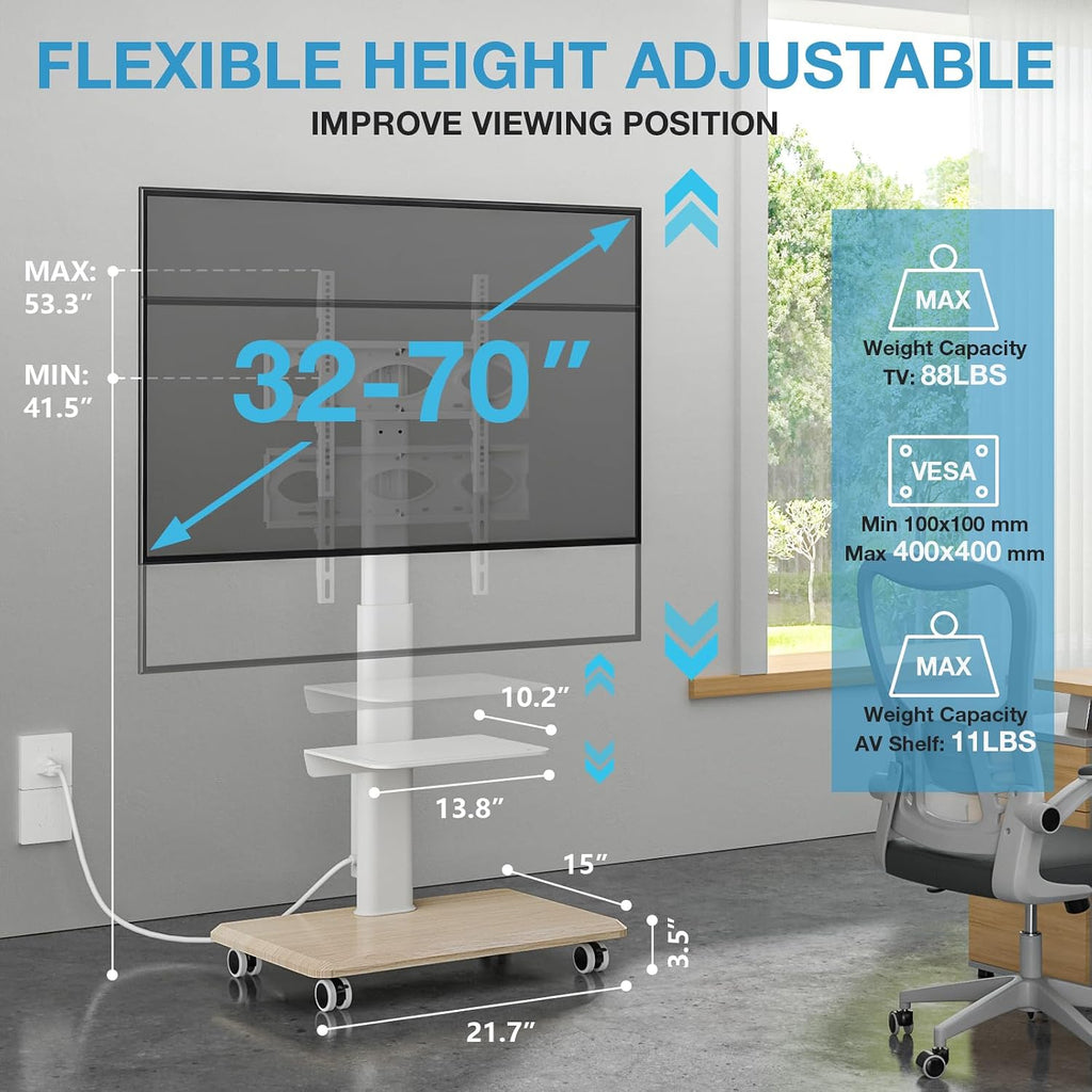 YOMT Rolling TV Stand with Power Outlet, Swivel Portable TV Stand for 32-70 inch TVs up to 88 lbs, Height Adjustable Mobile TV Cart with Wood Base for Optimal Viewing, White