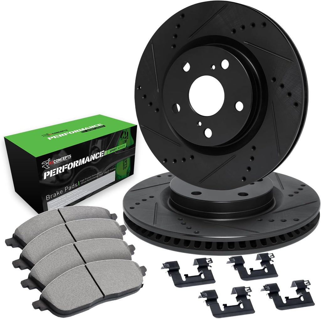 R1 Concepts Front Brake Kit Fits 2002-2006 Acura RSX; 2007-2010 Acura CSX; 2006-2011 Honda Civic| Performance Sport Pads, Drilled Slotted Rotors| Hardware| 11.8' Front