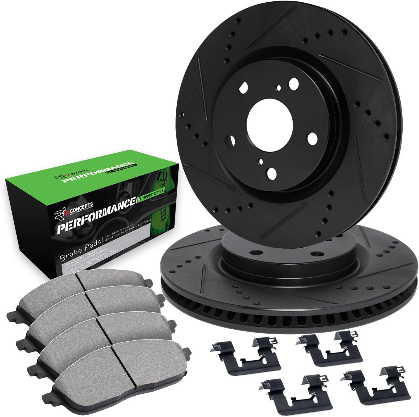 R1 Concepts Front Brake Kit Fits 2002-2006 Acura RSX; 2007-2010 Acura CSX; 2006-2011 Honda Civic| Performance Sport Pads, Drilled Slotted Rotors| Hardware| 11.8' Front