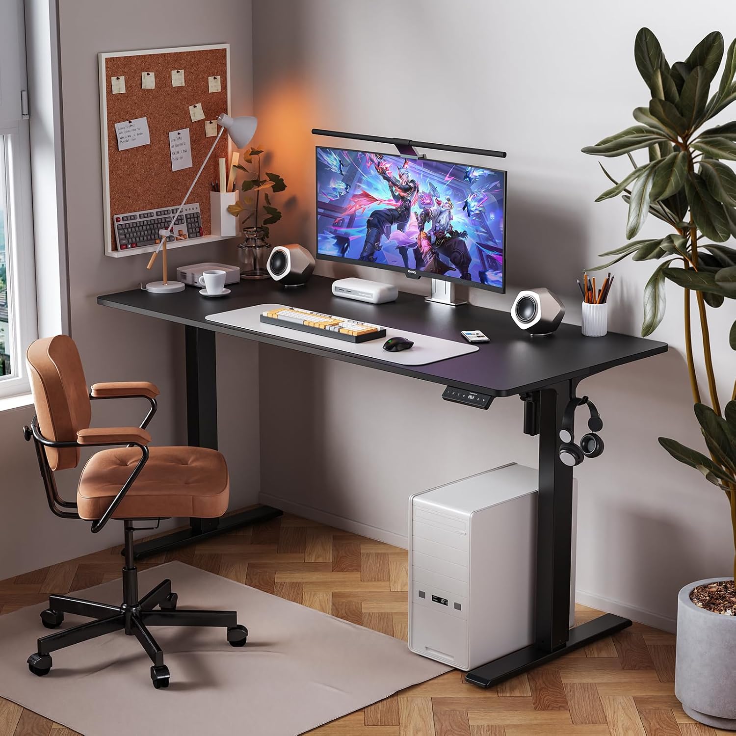 WALKINGDESK 55x24 Inches Height Adjustable Electric Standing Desk with 2 Hooks for Home Office, Ergonomic Sit Stand up Desk with Splice Board, Black
