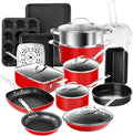 Granitestone 20-Piece Nonstick Pots and Pans Set with Bakeware & Steamer, Diamond-Reinforced Cookware Set, Deep Frying Pan, Non-Toxic PFOA PFOS Free, Metal Utensil Safe, Dishwasher & Oven Safe, Red