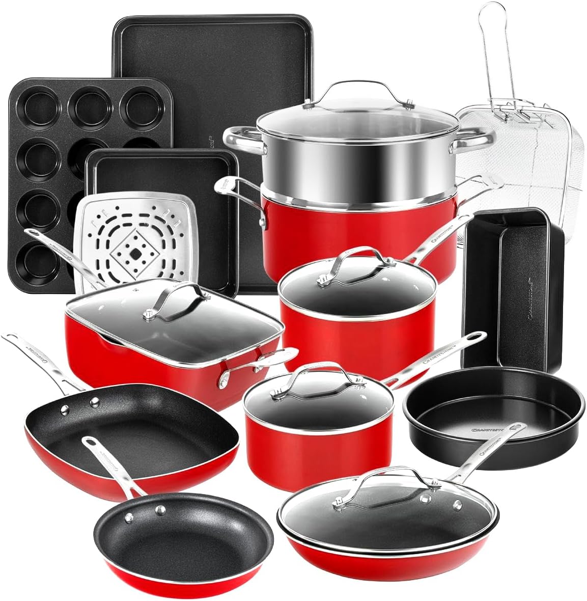 Granitestone 20-Piece Nonstick Pots and Pans Set with Bakeware & Steamer, Diamond-Reinforced Cookware Set, Deep Frying Pan, Non-Toxic PFOA PFOS Free, Metal Utensil Safe, Dishwasher & Oven Safe, Red