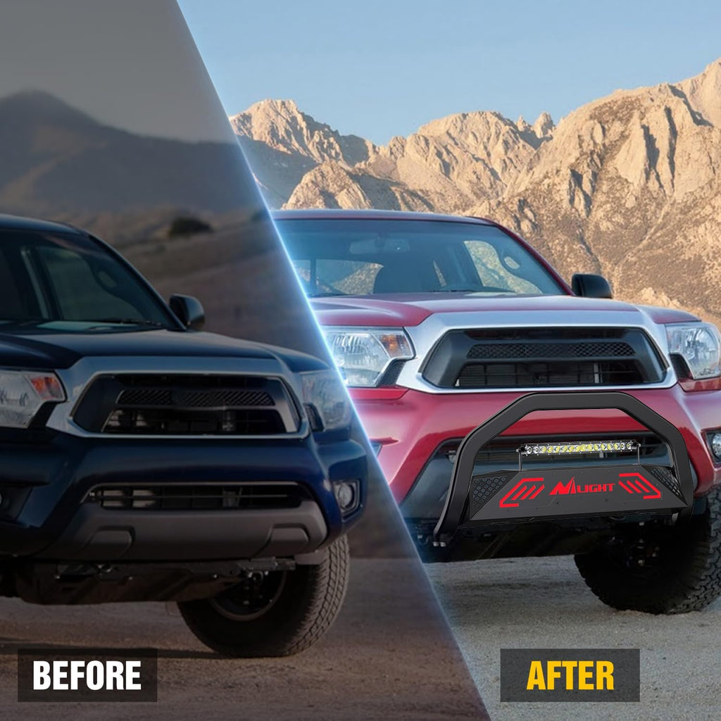 Nilight Bull Bar with Light Bar&License Plate Hole Compatible with Toyota Tacoma 2005-2015 Truck Brush Guard, Front Bumper Push Bar w/Grille Skid Plate Light Mount