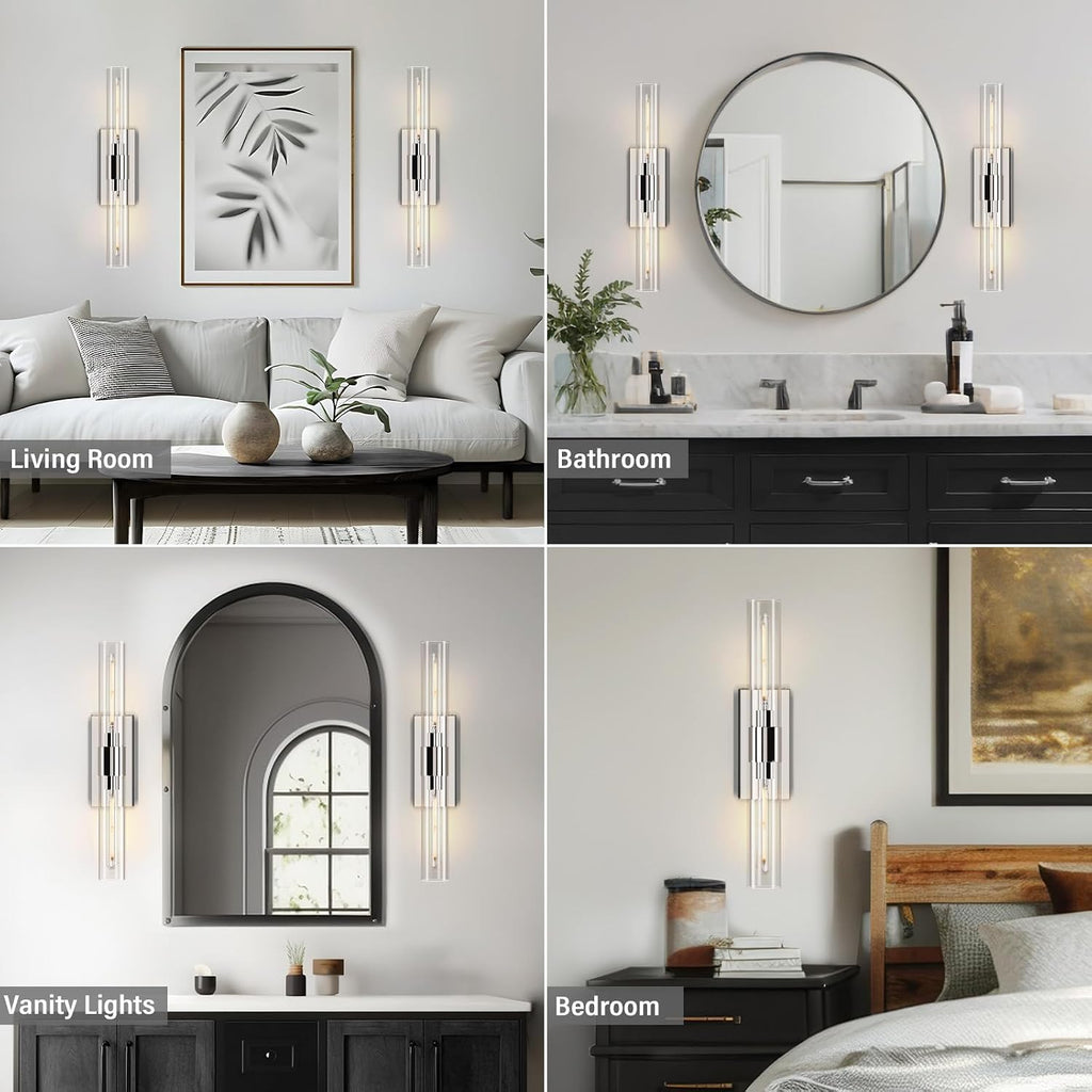 Wall Sconces Set of Two 22.8' Indoor Wall Light Fixtures, Nickel Bathroom Vanity Light Fixtures with Clear Glass, Modern Wall Lamp for Bathroom Living Room Bedroom Hallway(Bulb Included)