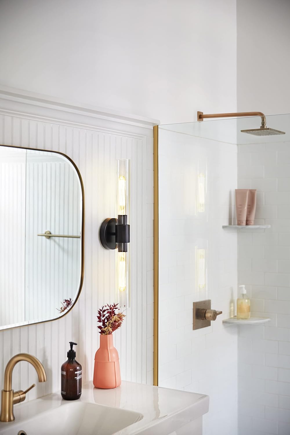 Lark Shea Two-Light Bath Vanity Fixture, Cylindrical Clear Glass Shades, Mount Vertically or Horizontally, Black