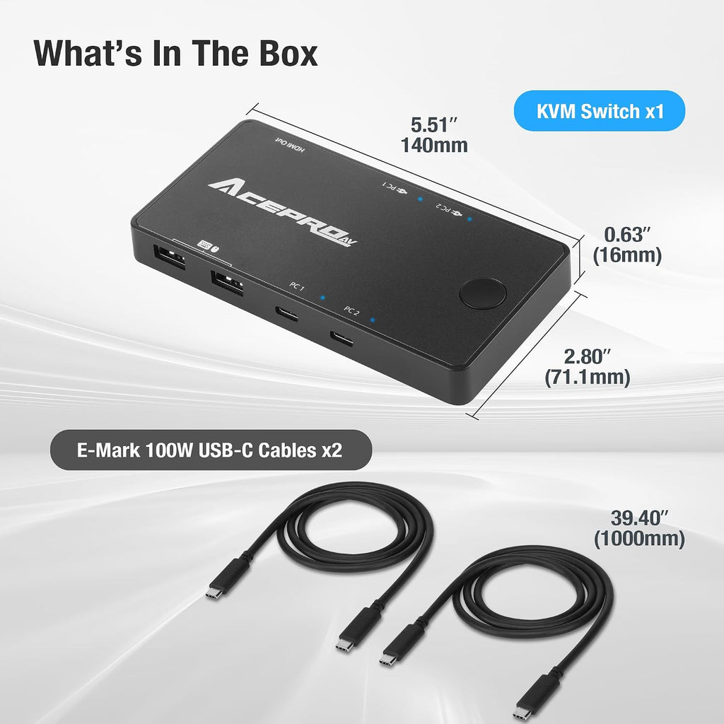 2x1 USB-C 4K60Hz KVM Switch with PD Pass-Through - Selector for 2 Computers Sharing 4K Monitor Keyboard Mouse - Includes 2 Cables for 100W Fast Charging - TAA Compliant