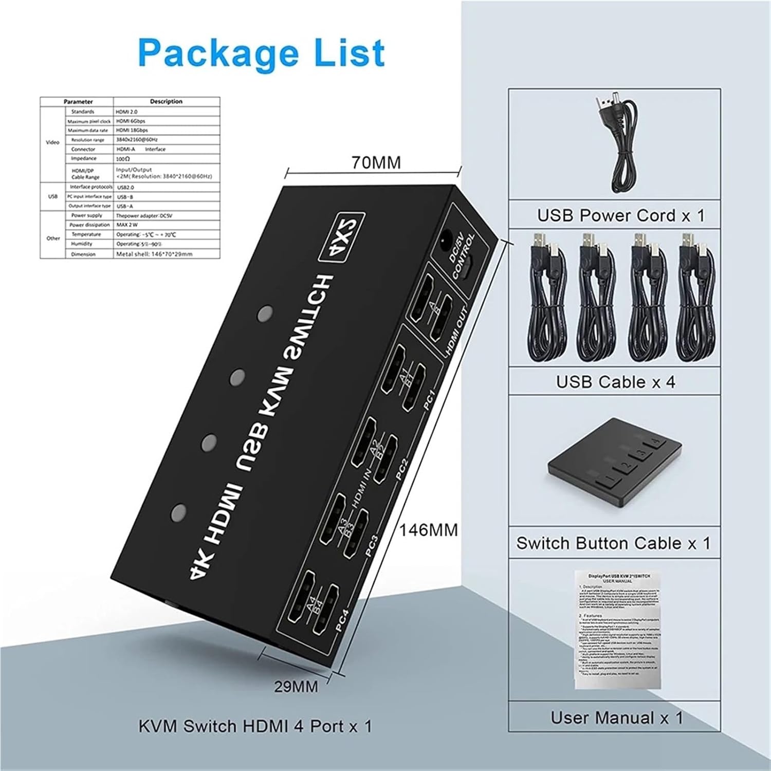 4 Port HDMI KVM Switch 4X2 Dual Monitor 4K@60Hz Extended Display DP USB KVM Switch 4 in 2 Out for 4 PC Share Keyboard Mouse(ZY-AD42,EU Power Plug)