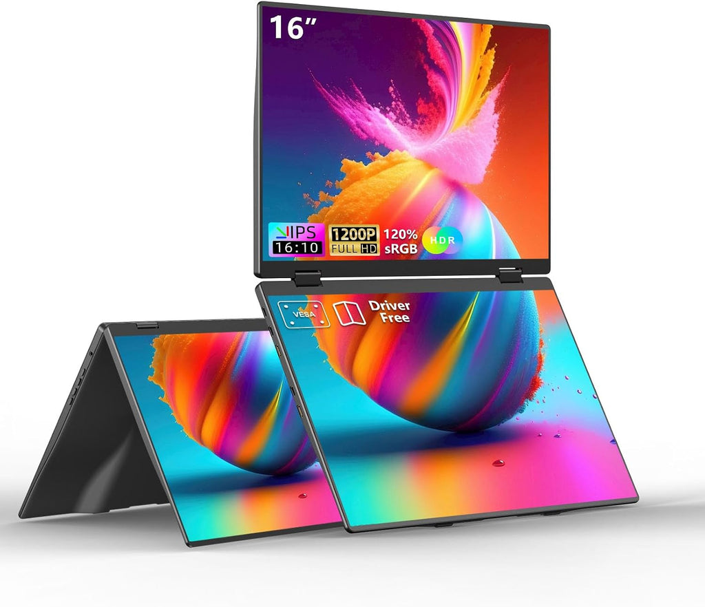 Dual Portable Monitors, 16'/1200P/FHD Foldable Laptop Screen Extender, All-Metal, Ultra Slim, Plug & Play, Extend/Mirror/Splicing/Flip Mode, USB-C/HDMI, Low Blue Light, Speakers, for Win/Mac