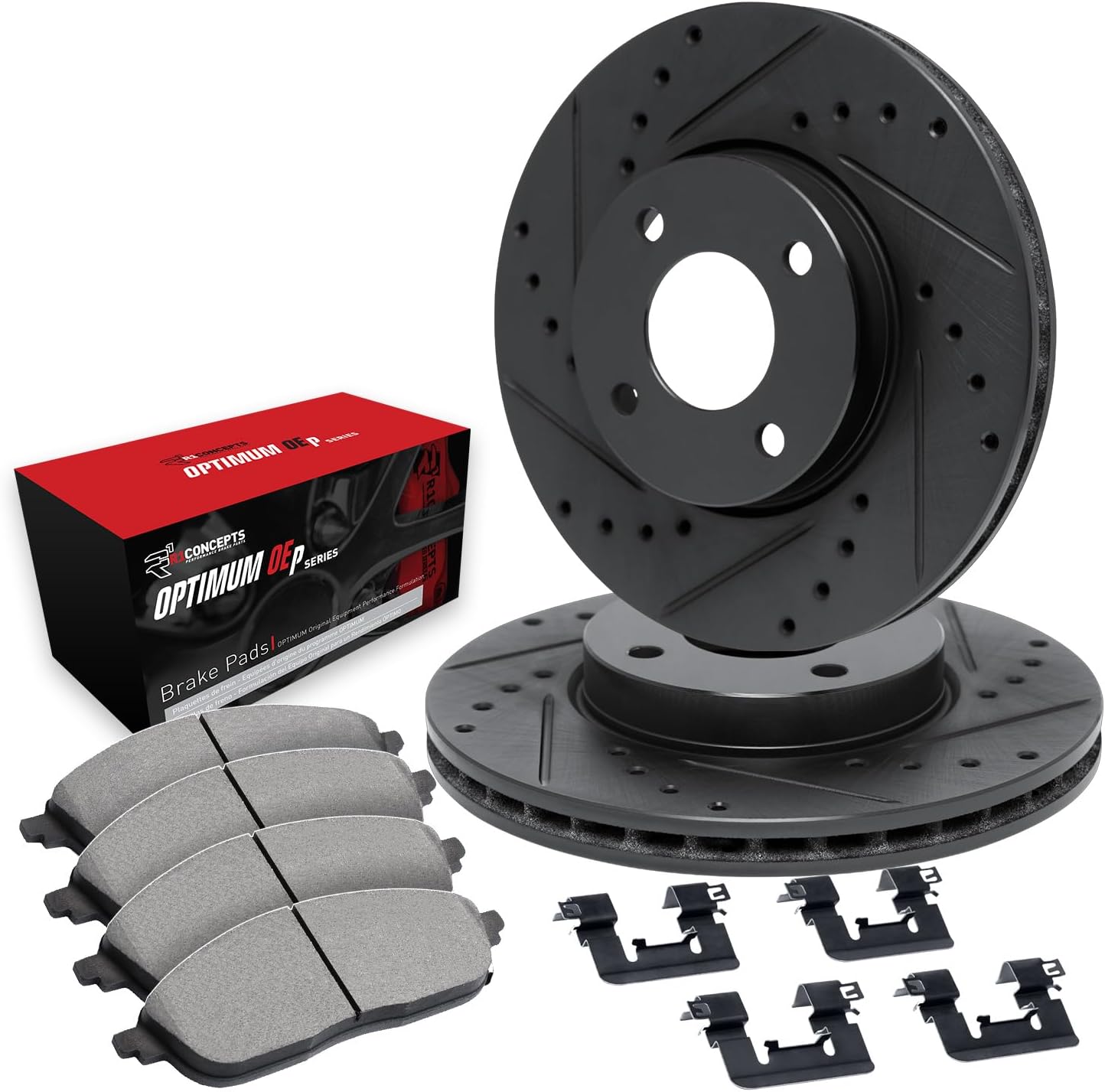 R1 Concepts Front Brake Kit Fits 2003-2005 Honda Civic Hybrid Sedan; 2007-2008 Honda Fit; 2007-2008 Honda Fit USA/CANADA| Optimum Oep Pads, Drilled Slotted Rotors| Hardware| 10.3' Front