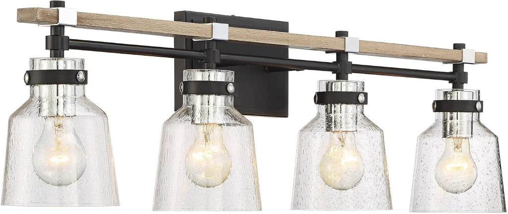Possini Euro Design Broadway Modern Industrial Wall Light Black Painted Faux Wood Hardwired 32' 4-Light Fixture Clear Seedy Glass Shade for Cottage Core Bedroom Bedside Bathroom Vanity Living Room