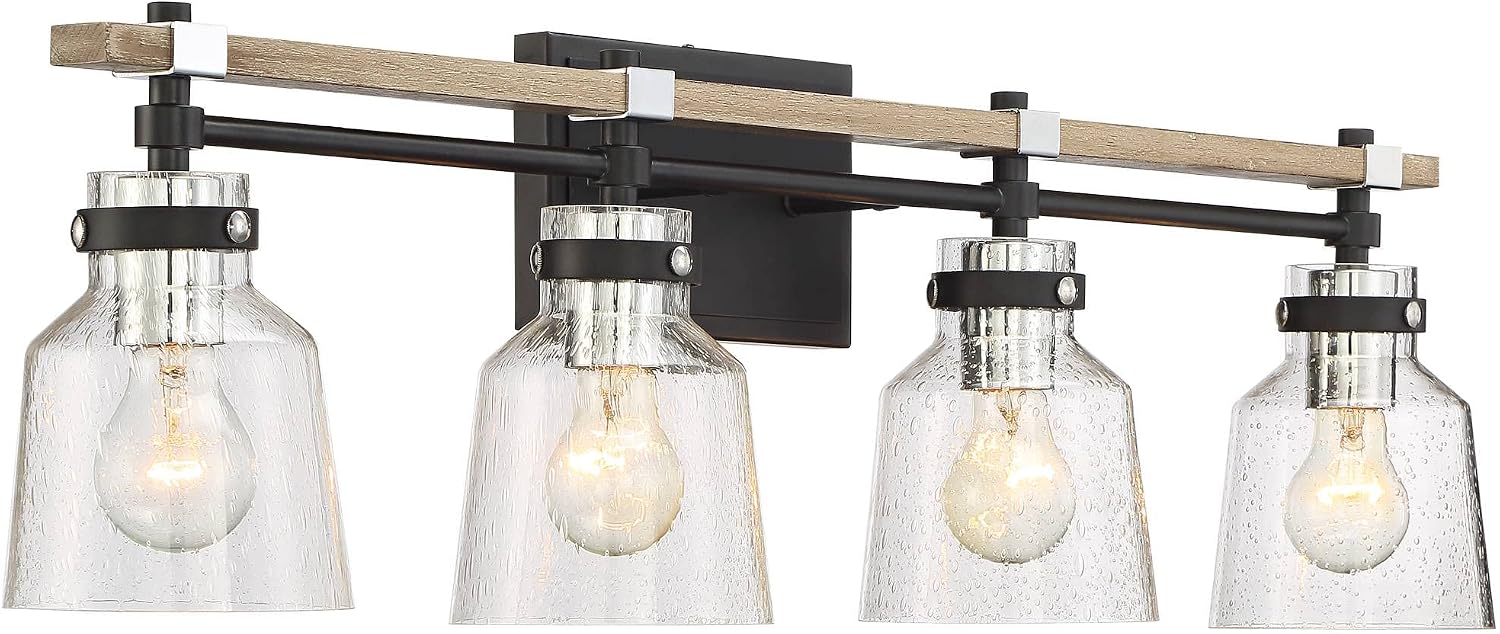 Possini Euro Design Broadway Modern Industrial Wall Light Black Painted Faux Wood Hardwired 32' 4-Light Fixture Clear Seedy Glass Shade for Cottage Core Bedroom Bedside Bathroom Vanity Living Room