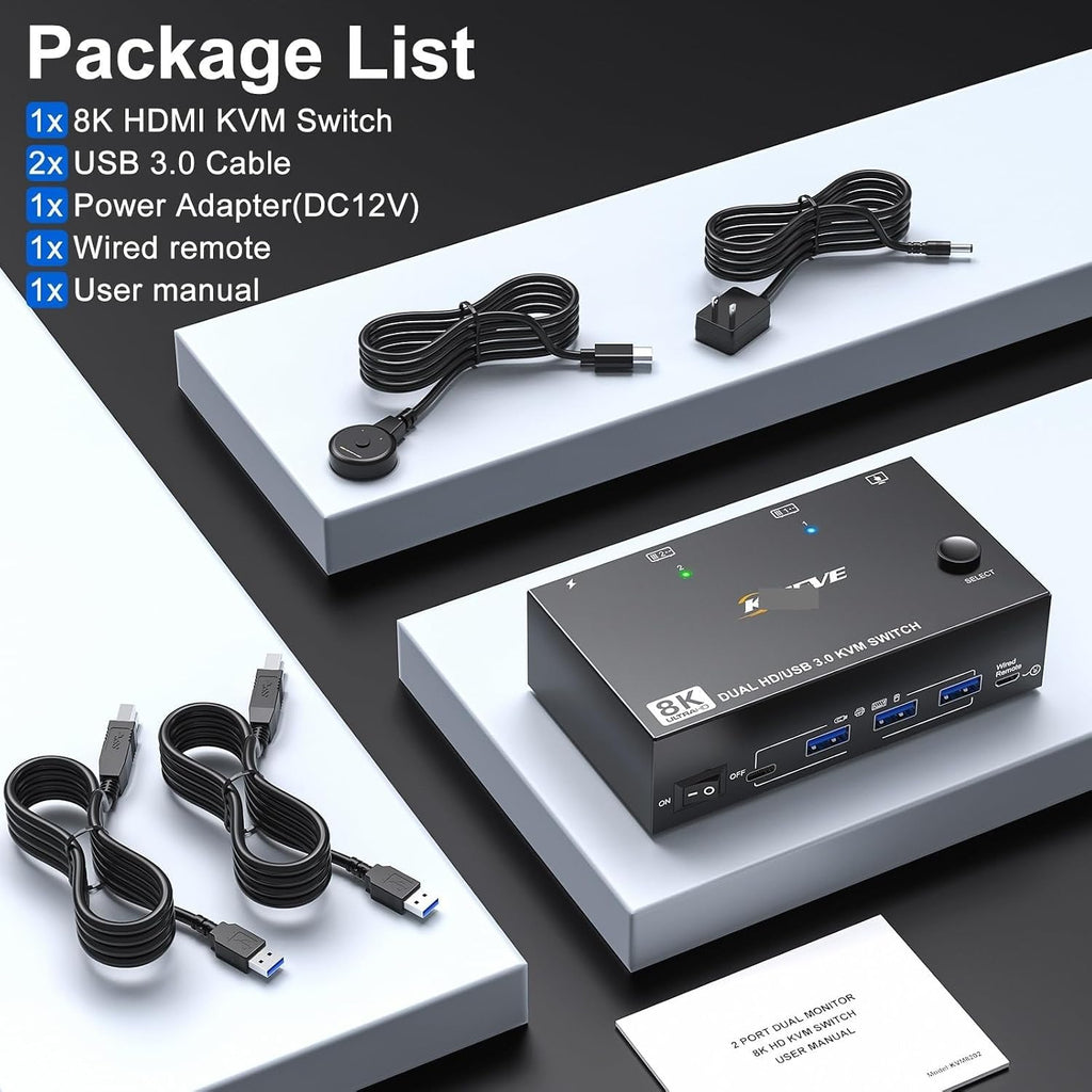 8K KVM Switch 2 PC 2 Monitors, Display Port + HDMI Dual Monitor KVM Switch for 2 PC Share 2 Monitors and 4 USB 3.0 Devices(HH with US Plug)