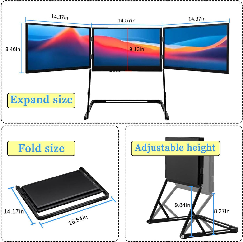 15.6portable Foldable Triple Monitor,Three Independent Screens Support Simultaneous Tasks, Compatible with Windows, Mac with 360° Rotation Adjustable Viewing Angles