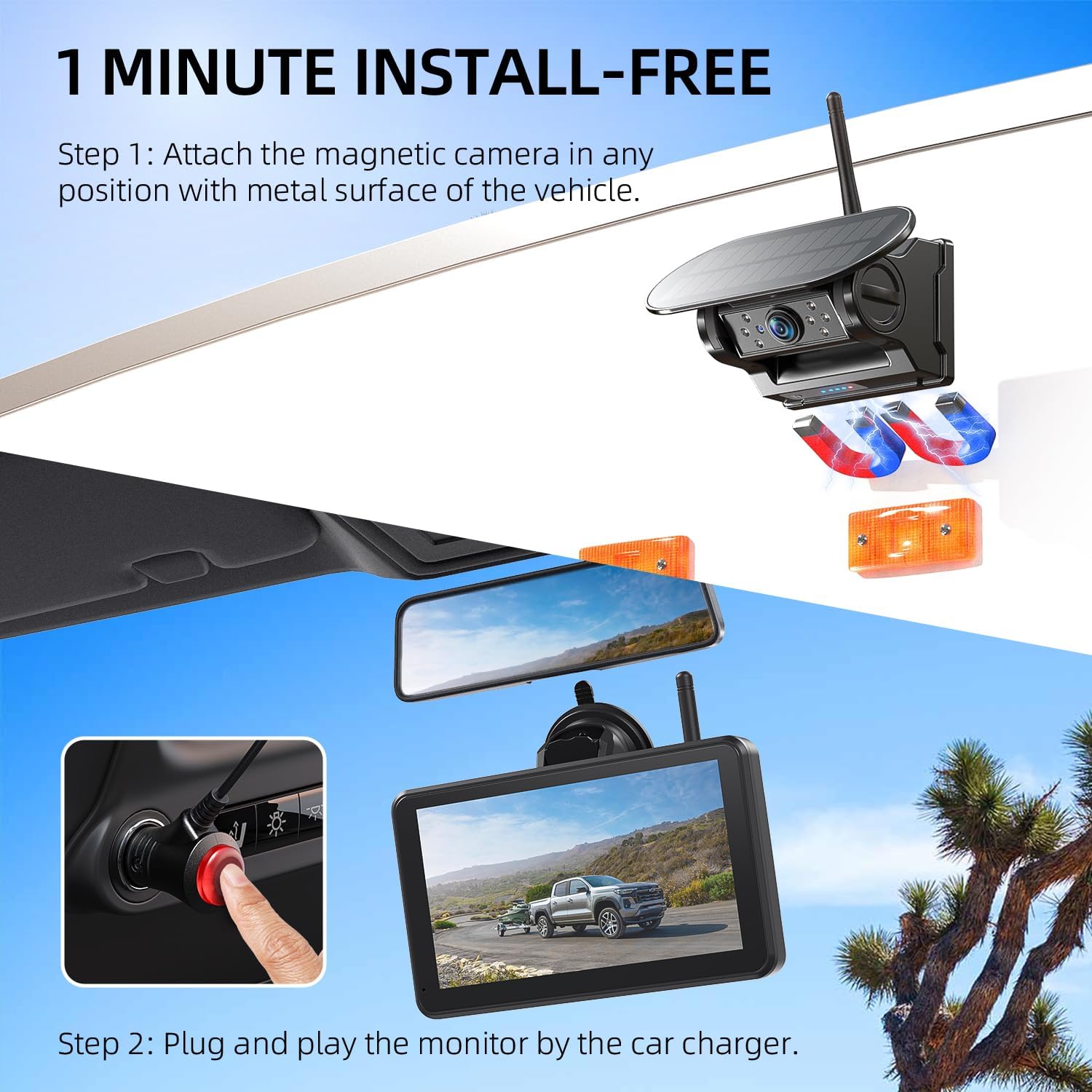 eRapta Dual Magnetic Solar Wireless Backup Cameras: HD1080P 7' Touchscreen Portable with DVR, BSD, 1-Min Install-Free IR Night Vision Hitch Backup Camera for Trailer/Truck/Small RV/Camper/Tractor