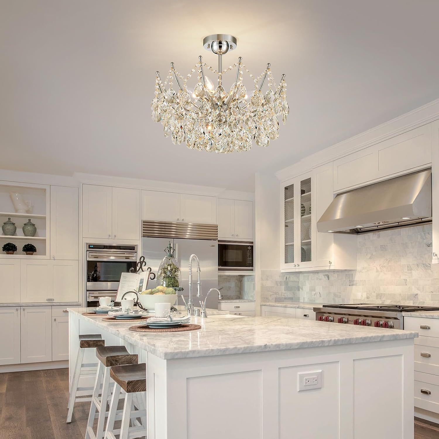 Crystal Ceiling Light Fixture, 6-Lights Modern Crystal Chandeliers for Dining Room Light Fixture, Semi Flush Mount Ceiling Light for Bedroom Kitchen Hallway Entryway Foyer Bathroom Living Room