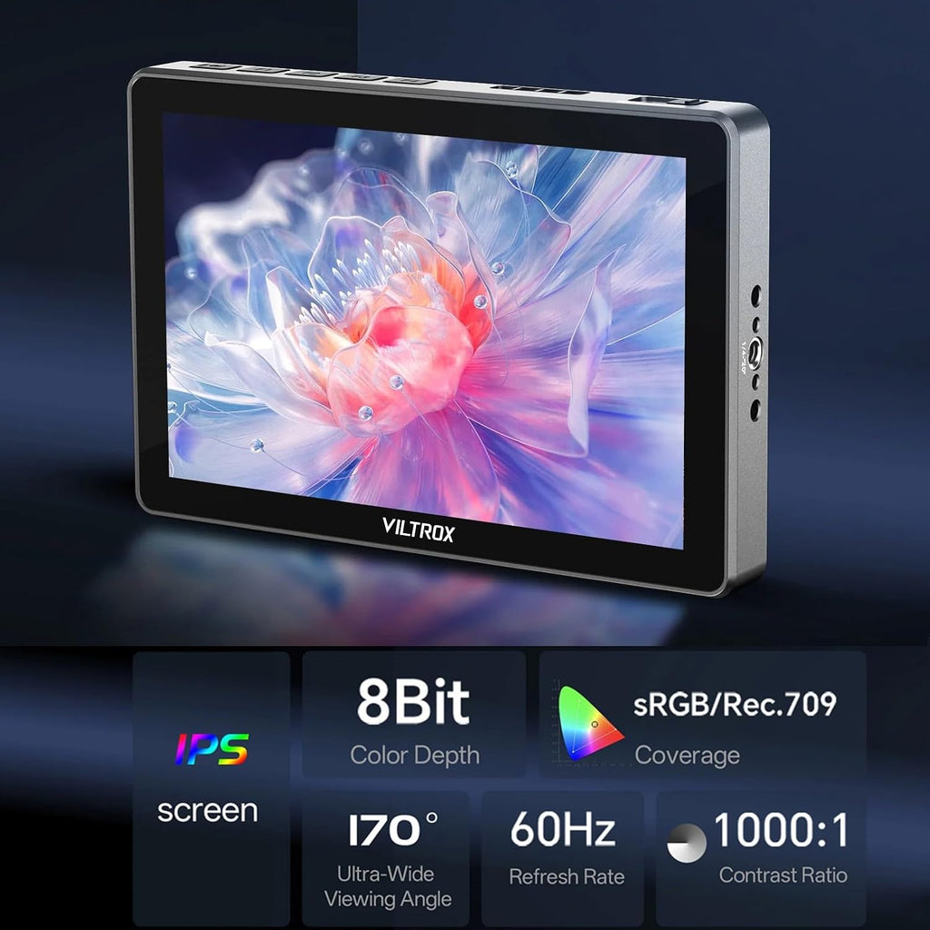 VILTROX DC-L2 7' Touchscreen Camera Field Monitor, 4K 60Hz SDI+HDMI Input/Output, 1280x800 600 Nits Brightness Camera Monitor with Waveform, Peaking, False Color, 3D LUT, Sunshade Hood, Battery