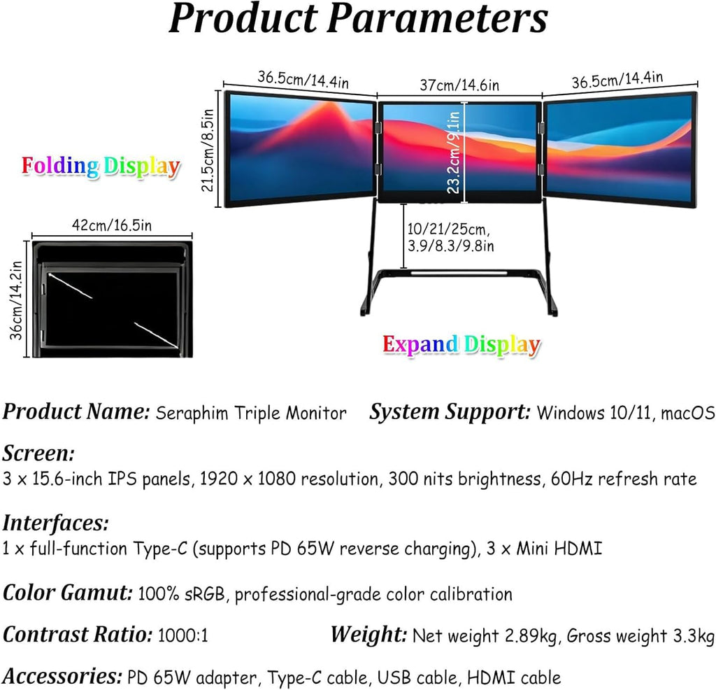 Laptop Screen Extension for 15.6in Laptops, Triple IPS FHD 1080p Screen, Full HD 1080p Display, Tri-Fold Monitor Lap Expansion Screen