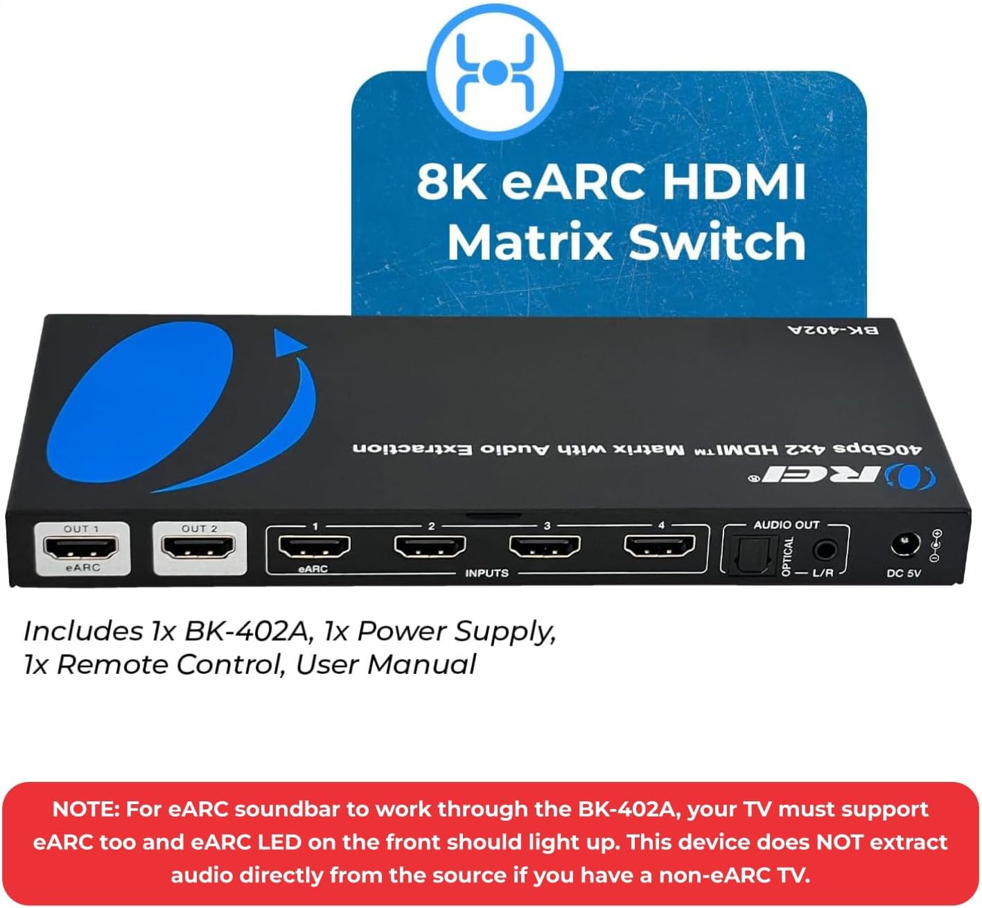 OREI 8K 4x2 HDMI Matrix Switch – 40Gbps HDMI 2.1, Audio Extraction, eARC, Downscaling, EDID Management (BK-402A)