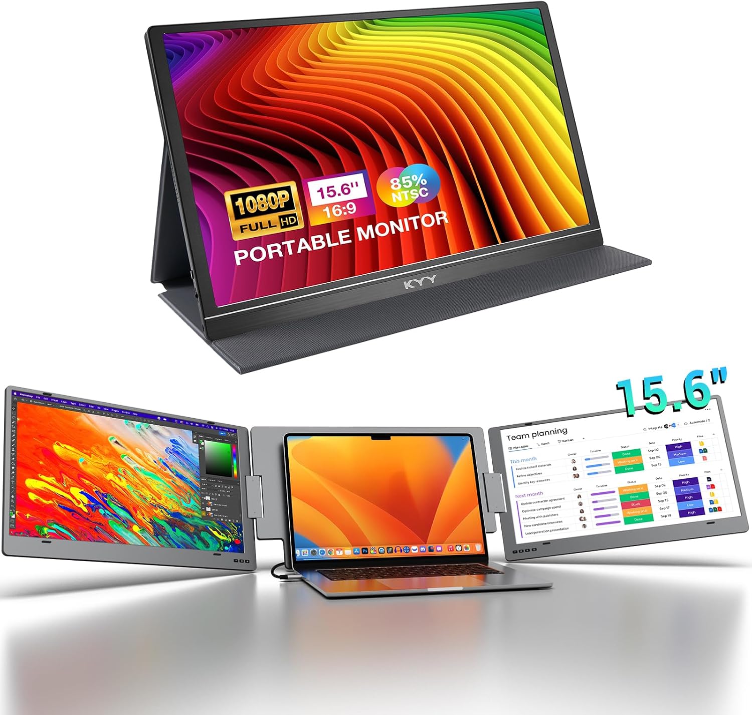 KYY 15.6' Portable Monitor and Portable Triple Laptop Screen Extender for Mac/Wins/Chrome
