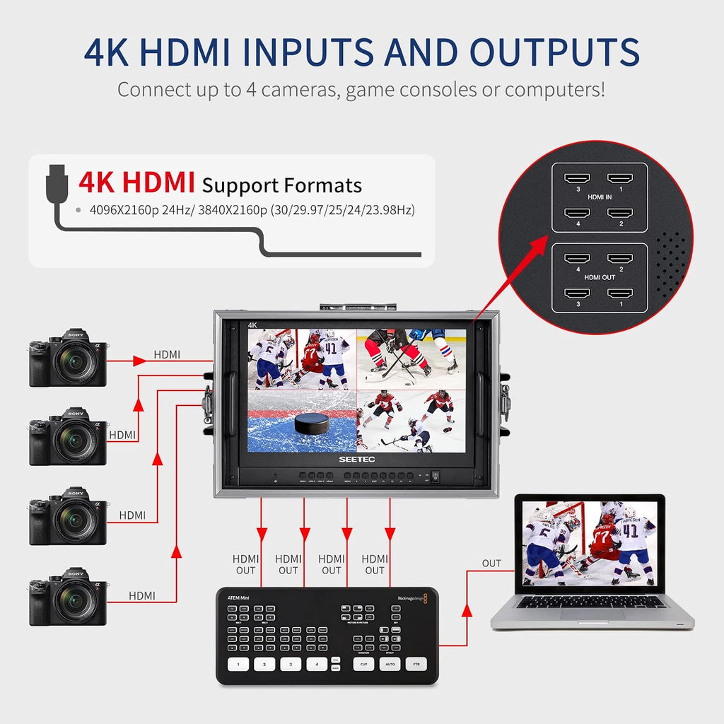 15.6 Inch Production Monitor ATEM156-CO 4K HDMI Output Inputs Quad Split Display 1920 x 1080 Full HD Live Streaming Portable Broadcast Direction Monitor for Video Switcher Mixer