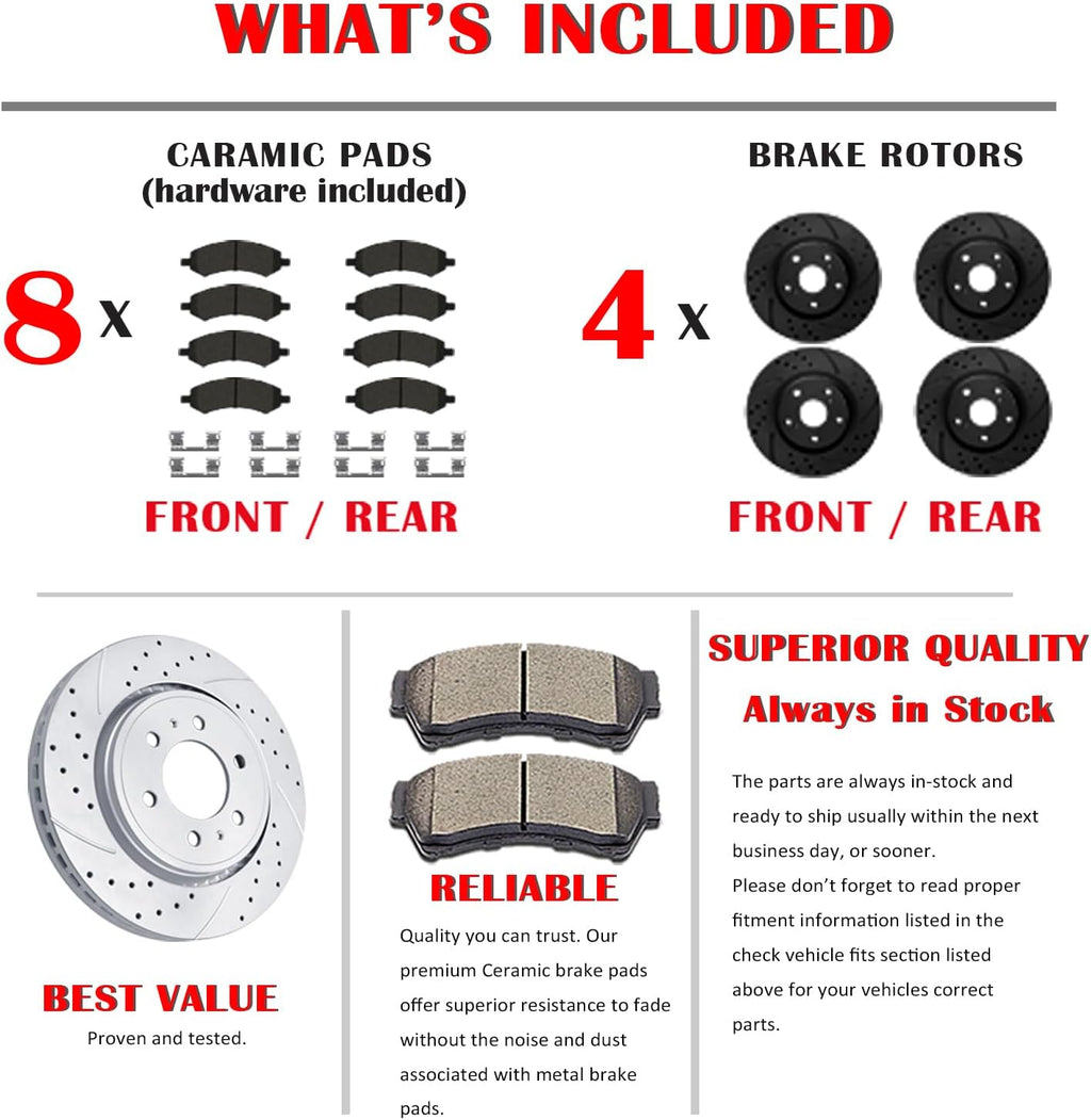 Front and Rear Disc Rotors Ceramic Brake Pads Drilled and Slotted Brake Kit Replacement for Honda Odyssey 2005-2010