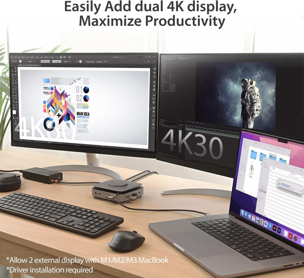 j5create USB-C Dock Dual 4K HDMI - Supports Dual Extended 4K Display for Windows and M1/M2/M3 MacBook, Built-in 15W Magnetic Wireless Charger, USB-A x 2, USB-C x 2, Gigabit ethernet (JCD3199)