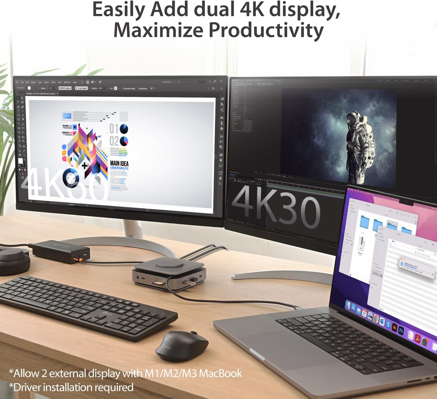 j5create USB-C Dock Dual 4K HDMI - Supports Dual Extended 4K Display for Windows and M1/M2/M3 MacBook, Built-in 15W Magnetic Wireless Charger, USB-A x 2, USB-C x 2, Gigabit ethernet (JCD3199)