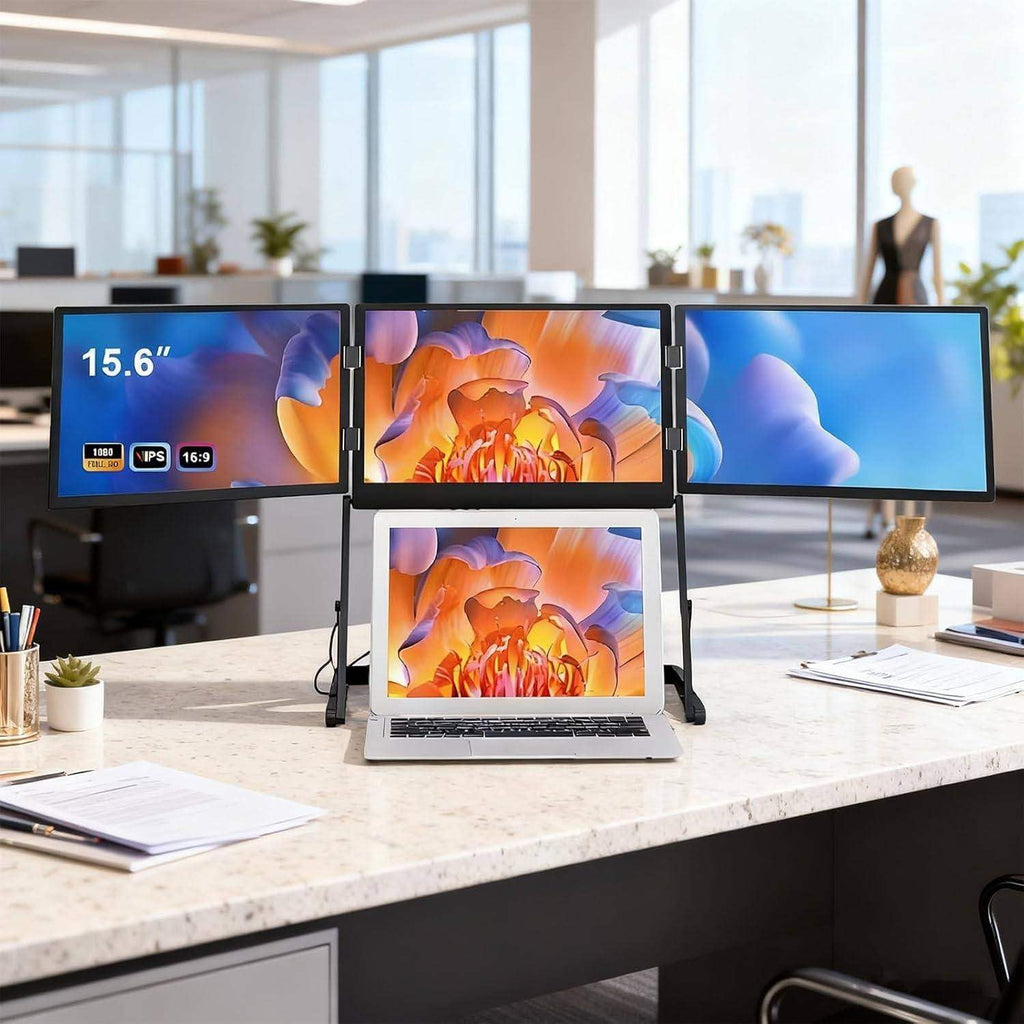 15.6' FHD 1080P 16:9 Laptop Screen Extender, IPS Portable Foldable Triple Monitor, Laptop Monitor Extender, Type-C/HDMI/USB-C for Windows, Mac, Android, Foldable Travel Display
