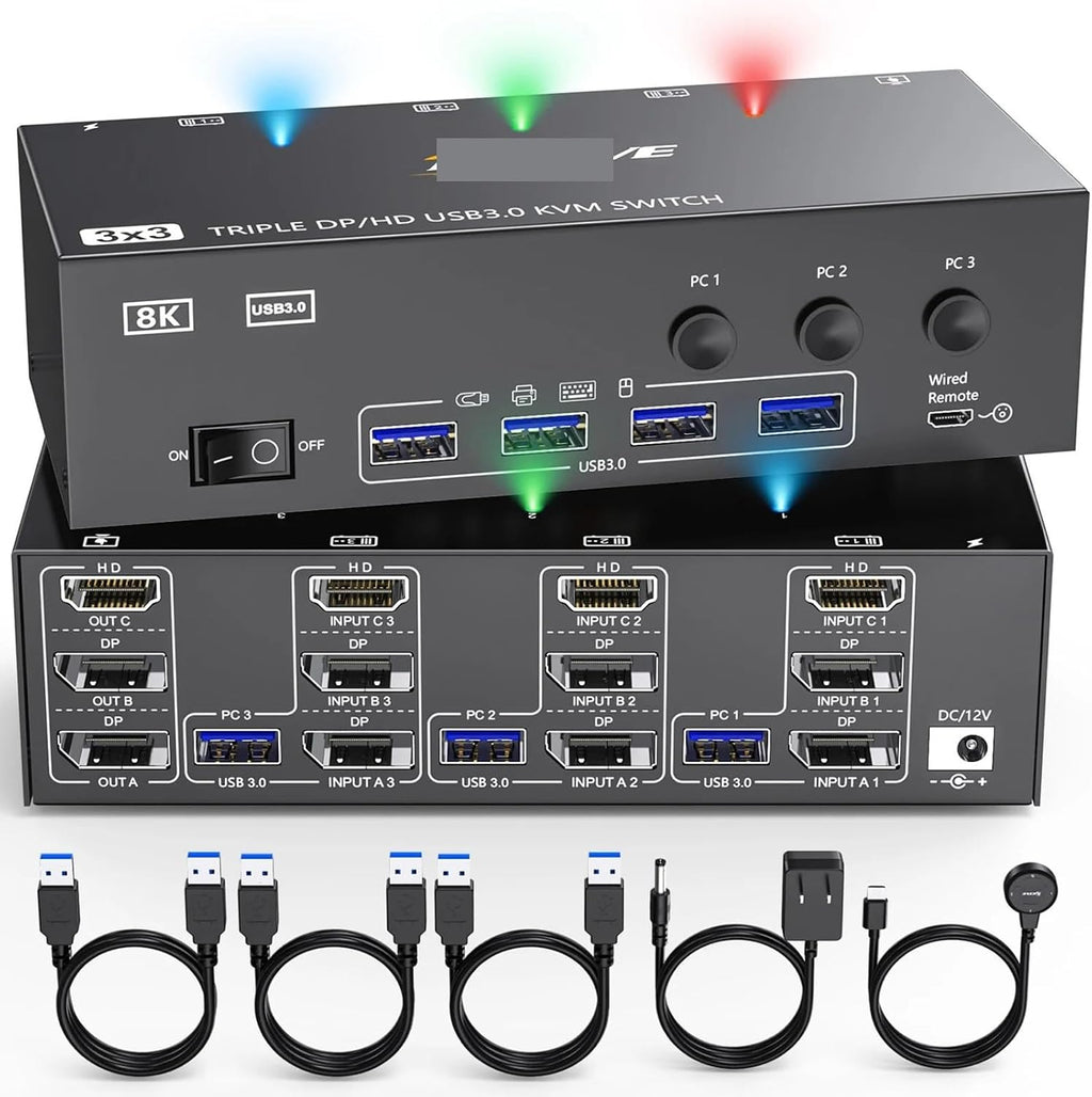 KVM Switch 3 Monitors 3 Computers 8K@60Hz,HDMI + 2* Displayport Triple Monitor KVM Switch with 4 USB 3.0 Ports for Keyboard(AU Power Plug)