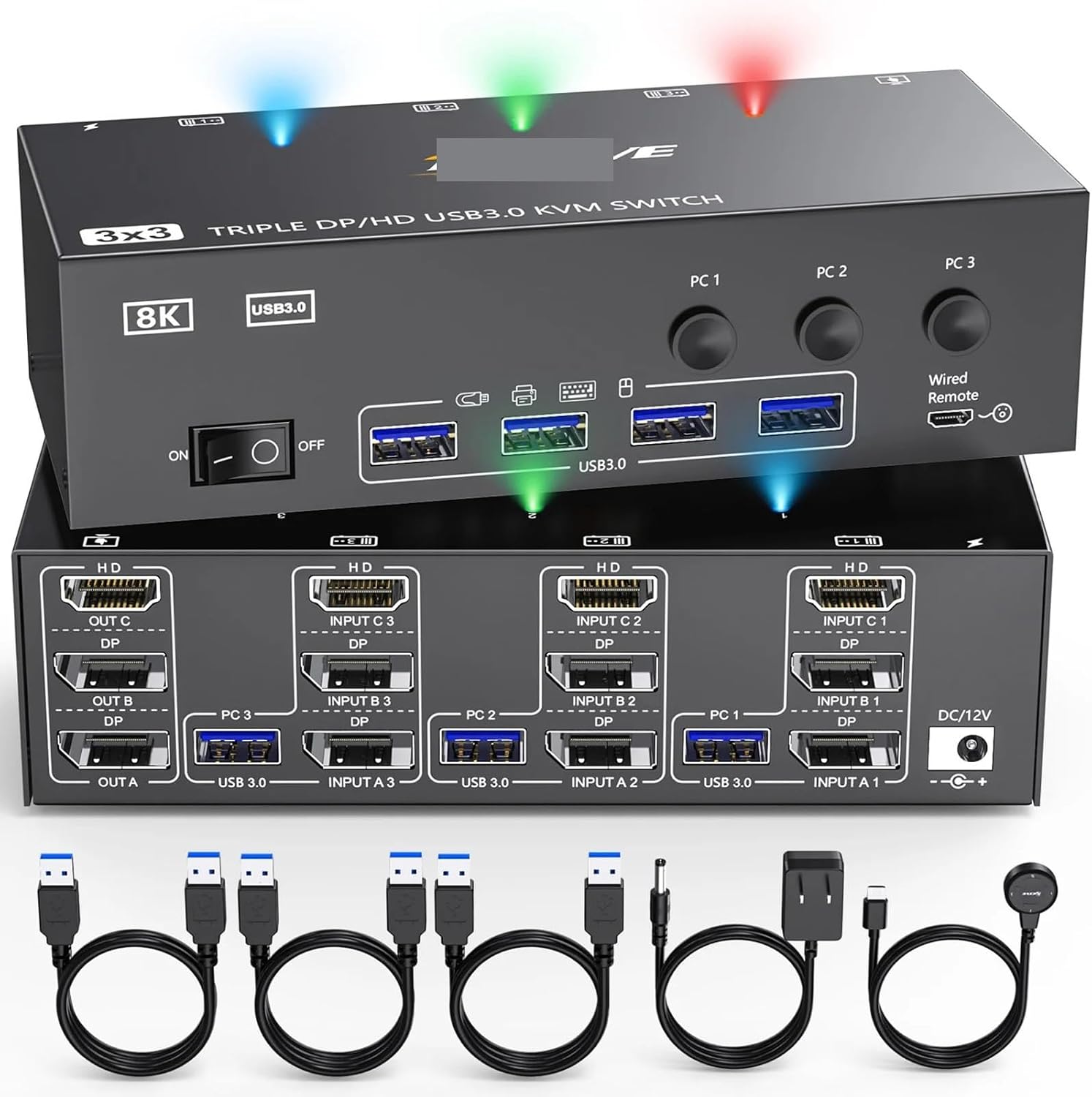 KVM Switch 3 Monitors 3 Computers 8K@60Hz,HDMI + 2* Displayport Triple Monitor KVM Switch with 4 USB 3.0 Ports for Keyboard(AU Power Plug)