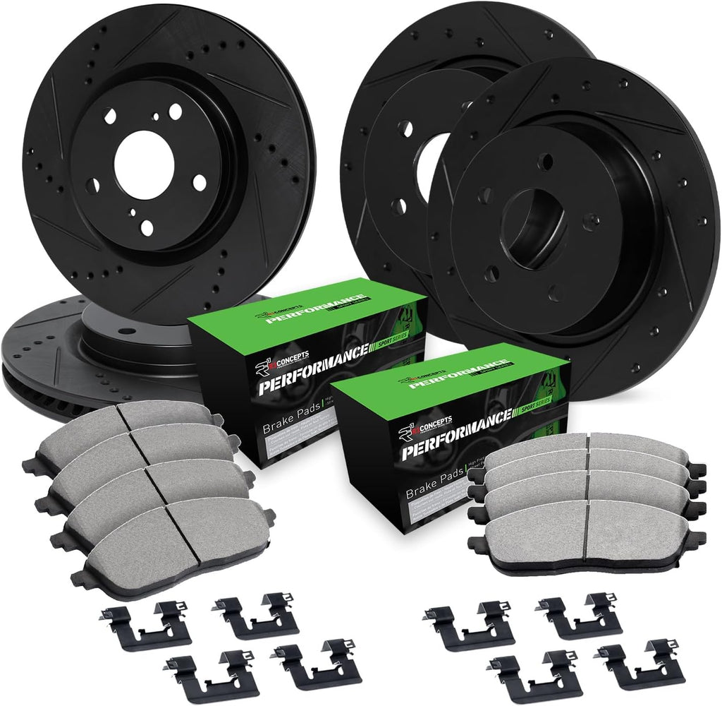 R1 Concepts Front and Rear Brake Kit Fits 2007-2010 Acura CSX; 2006-2011 Honda Civic| Performance Sport Pads, Drilled Slotted Rotors| Hardware| 11.8' Front & 10.2' Rear