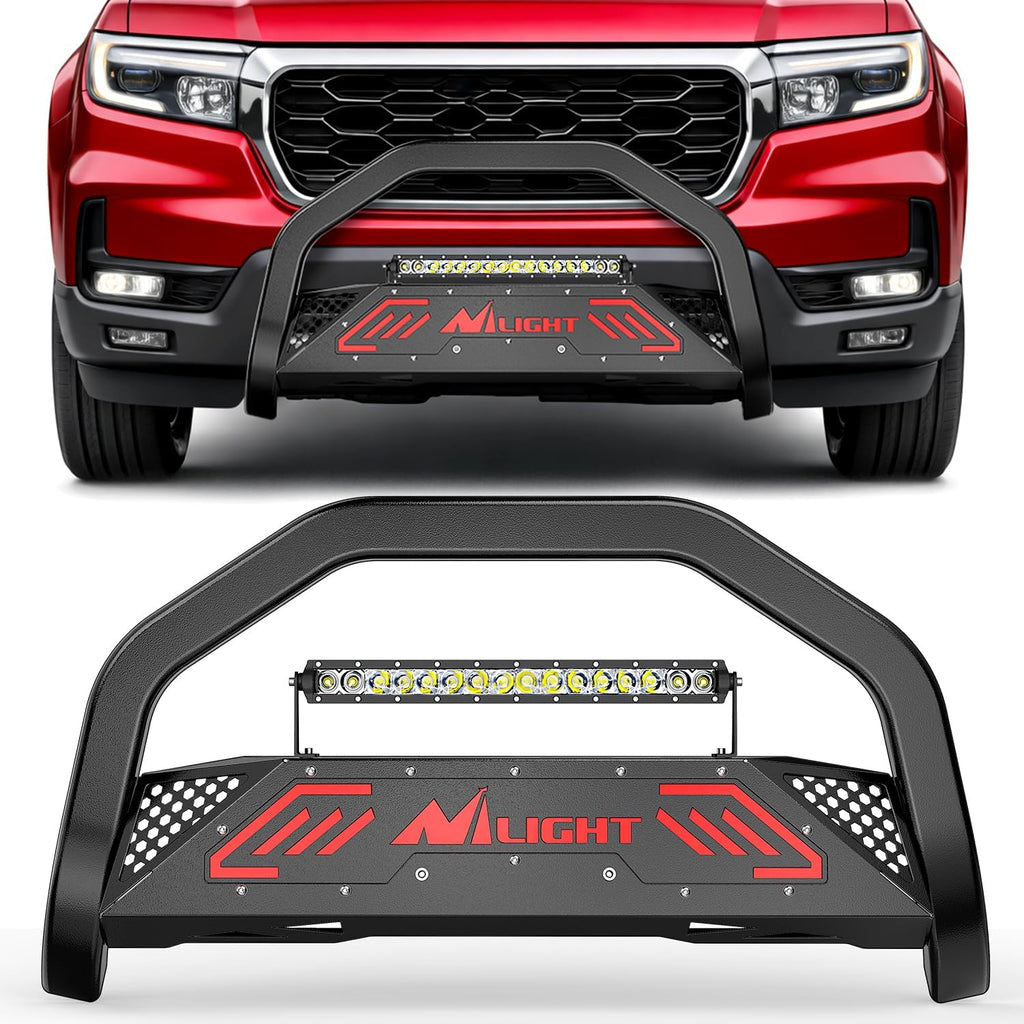 Nilight Bull Bar with Light fits 2016-2022 Honda Pilot, 2017-2024 Ridgeline, 2018-2020 Odyssey, 2017-2022 Passport, 2014-2020 Acura MDX Front Bumper Grille Brush Guard w/Skid Plate Licence Plate Hole