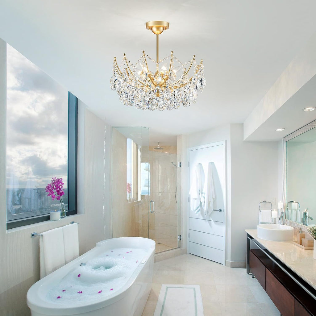 ANJIADENGSHI Crystal Chandelier Ceiling Light, Modern Semi Flush Mount Ceiling Light Fixture, Gold Hallway Lighting Fixtures Chandelier for Bedroom Bathroom Entryway Kitchen
