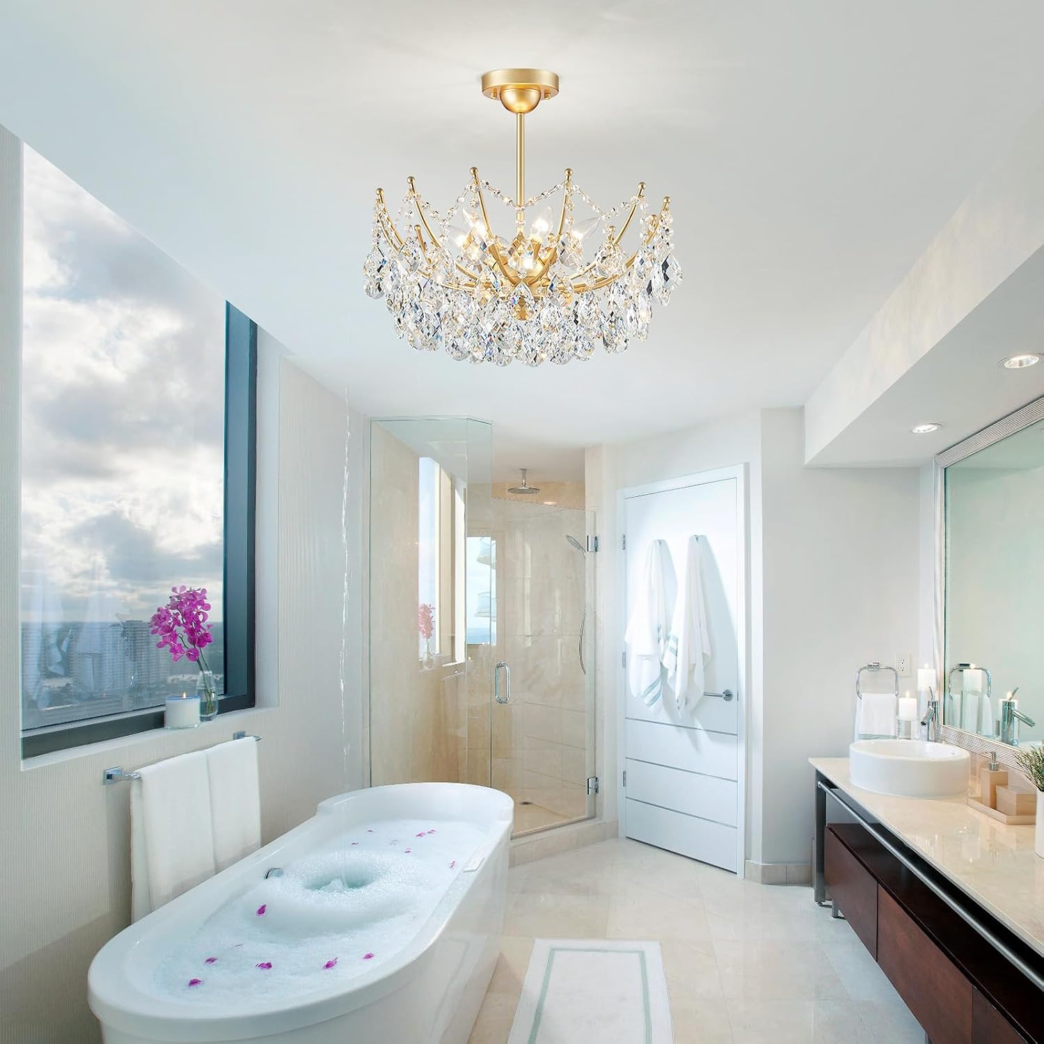 ANJIADENGSHI Crystal Chandelier Ceiling Light, Modern Semi Flush Mount Ceiling Light Fixture, Gold Hallway Lighting Fixtures Chandelier for Bedroom Bathroom Entryway Kitchen