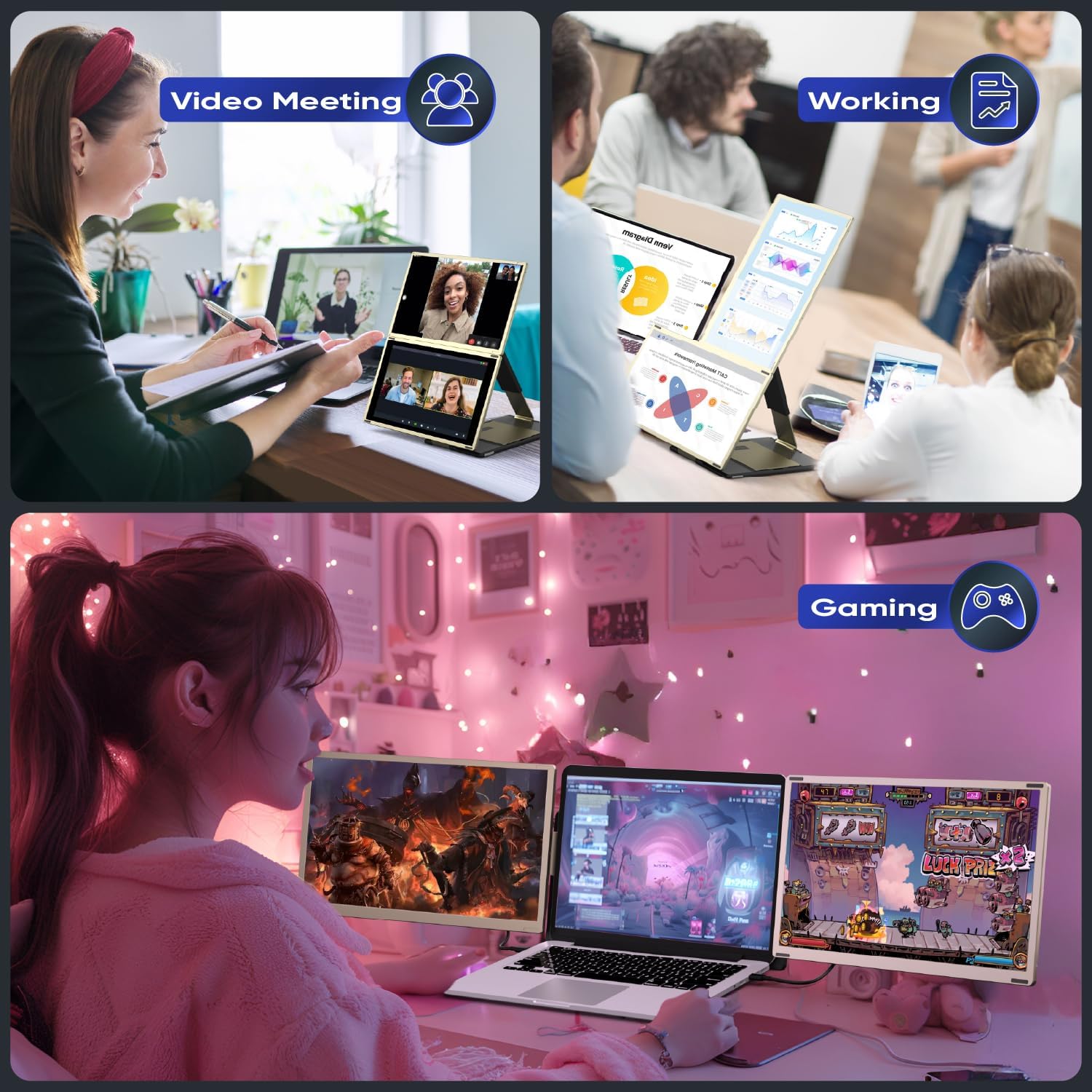 PAJEM S6 Dual Laptop Screen Extender, 15.6'' Triple Portable Monitor for Laptop Plug and Play, 1080P FHD IPS Monitor Extender for 13''-17'' Laptops Compatible with Windows, Chrome, Switch