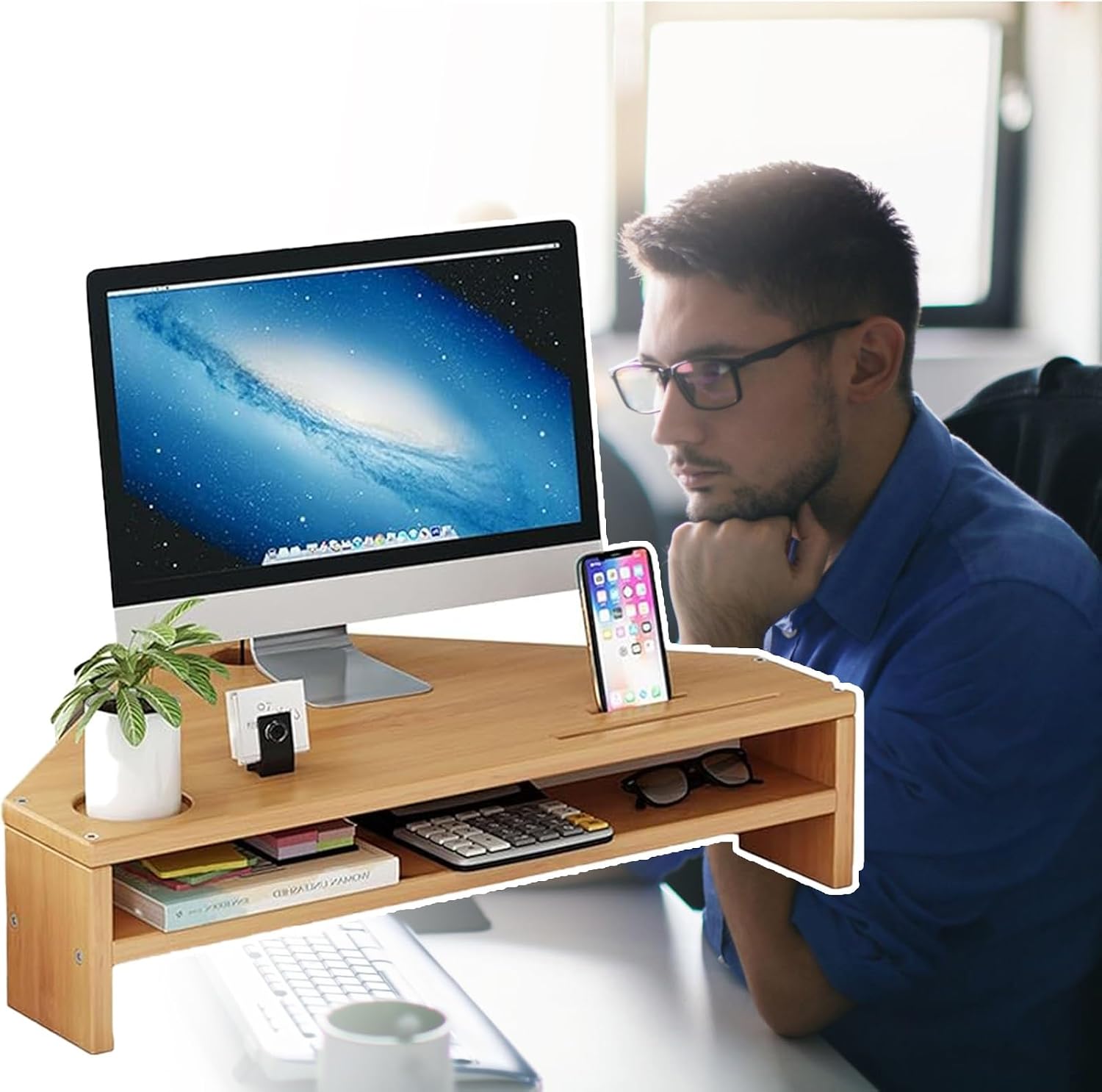 Corner Monitor Stand 2-Tier Dual Triangle Monitor Rack for Computer, Laptop Desktop Organizer Corner Riser Stand, Universal Storage Holder for Workspace Office(Brown)