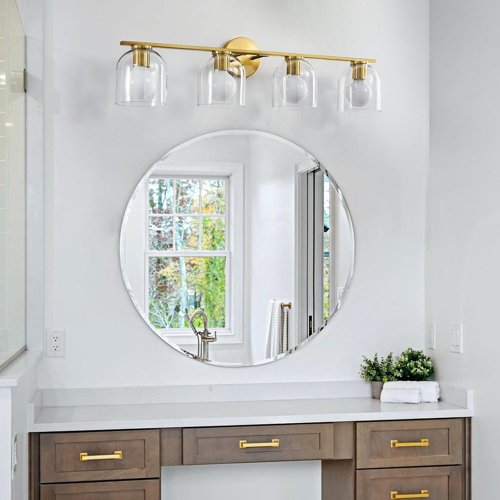 WOSHITU Bathroom Vanity Light Fixtures: 32.3 Inch Modern Brushed Gold Bathroom Light Fixtures Over Mirror with Clear Glass Shade, 4-Light Bathroom Lights Above Mirror