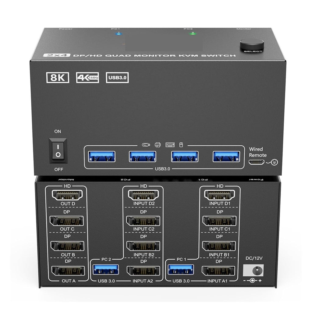 Switch 4 Monitors 2 Computers,USB 3.0 HDMI+DisplayPort Four Monitor KVM for 2 PC Share 4 Display 4USB