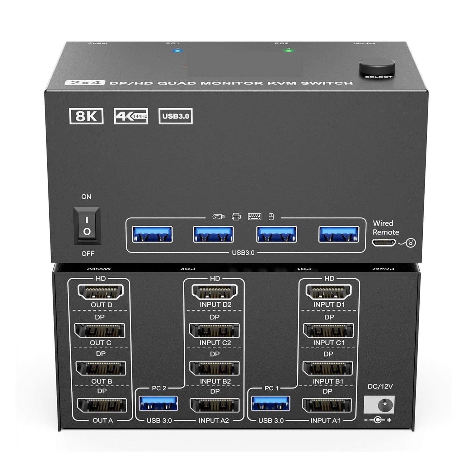Switch 4 Monitors 2 Computers,USB 3.0 HDMI+DisplayPort Four Monitor KVM for 2 PC Share 4 Display 4USB