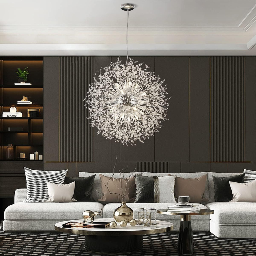 Modern Crystal Chandelier, 24-Light Firework Pendant Crystal Chandelier Chrome, 39.3' Large Dandelion Ceiling Light Fixture for Living Room Foyer Hallway