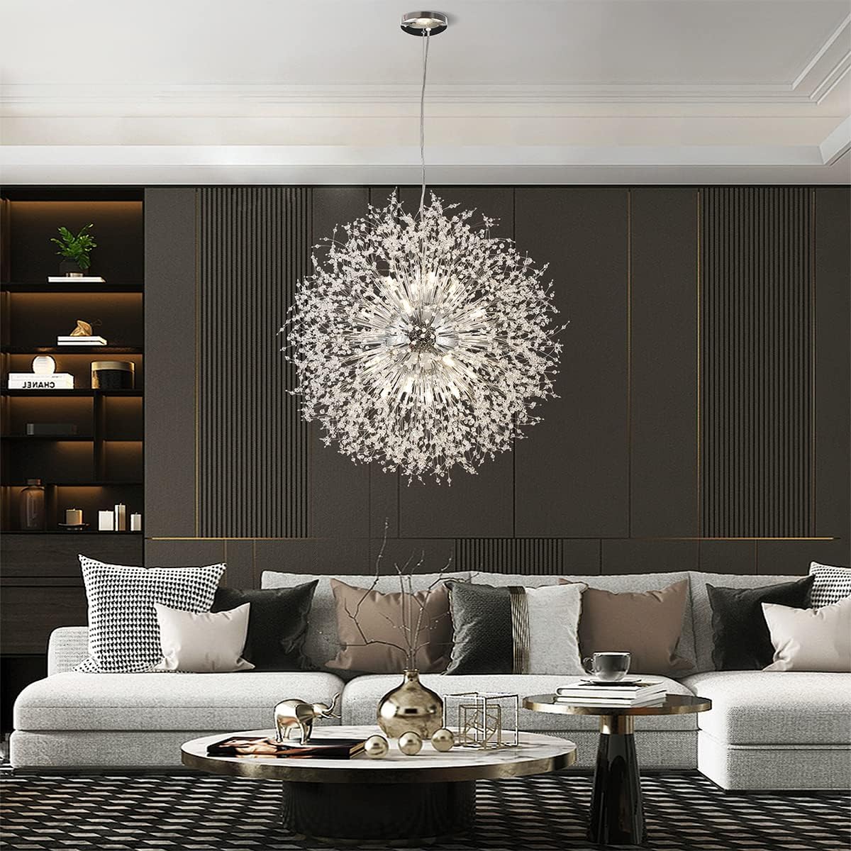 Modern Crystal Chandelier, 24-Light Firework Pendant Crystal Chandelier Chrome, 39.3' Large Dandelion Ceiling Light Fixture for Living Room Foyer Hallway