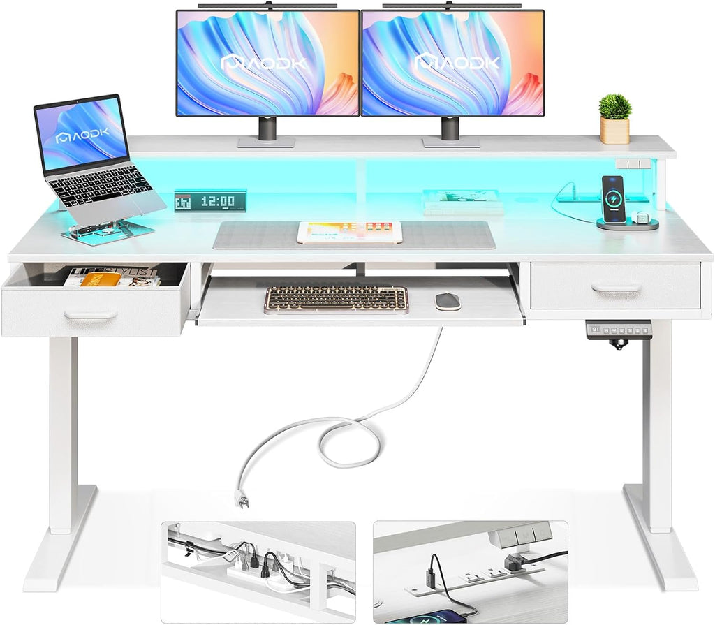 AODK Electric Standing Desk with Drawers & Keyboard Tray, 55 Inch Height Adjustable Gaming Desk with Power Outlets & LED Lights, Sit Stand Table with Monitor Stand for Home, Office, White